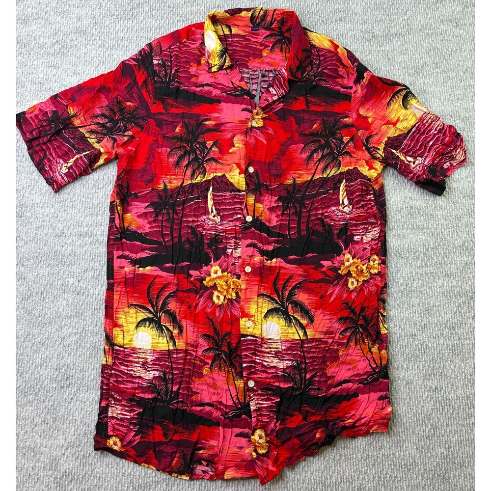 Design In Italy Luxury Mens Medium Red Hawaiian Shirt Palm Tree Sunset Aloha